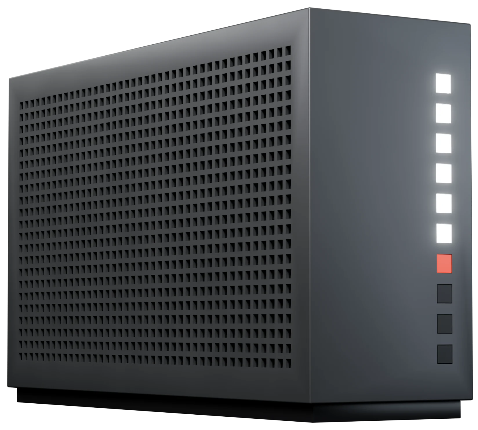 Project AI Box: a graphite tower with a column of white status lights and one red light
