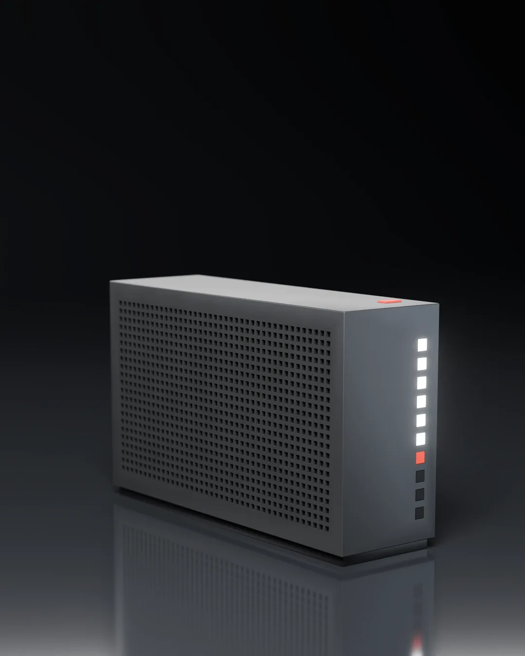 The box from the front three-quarter, lights glowing